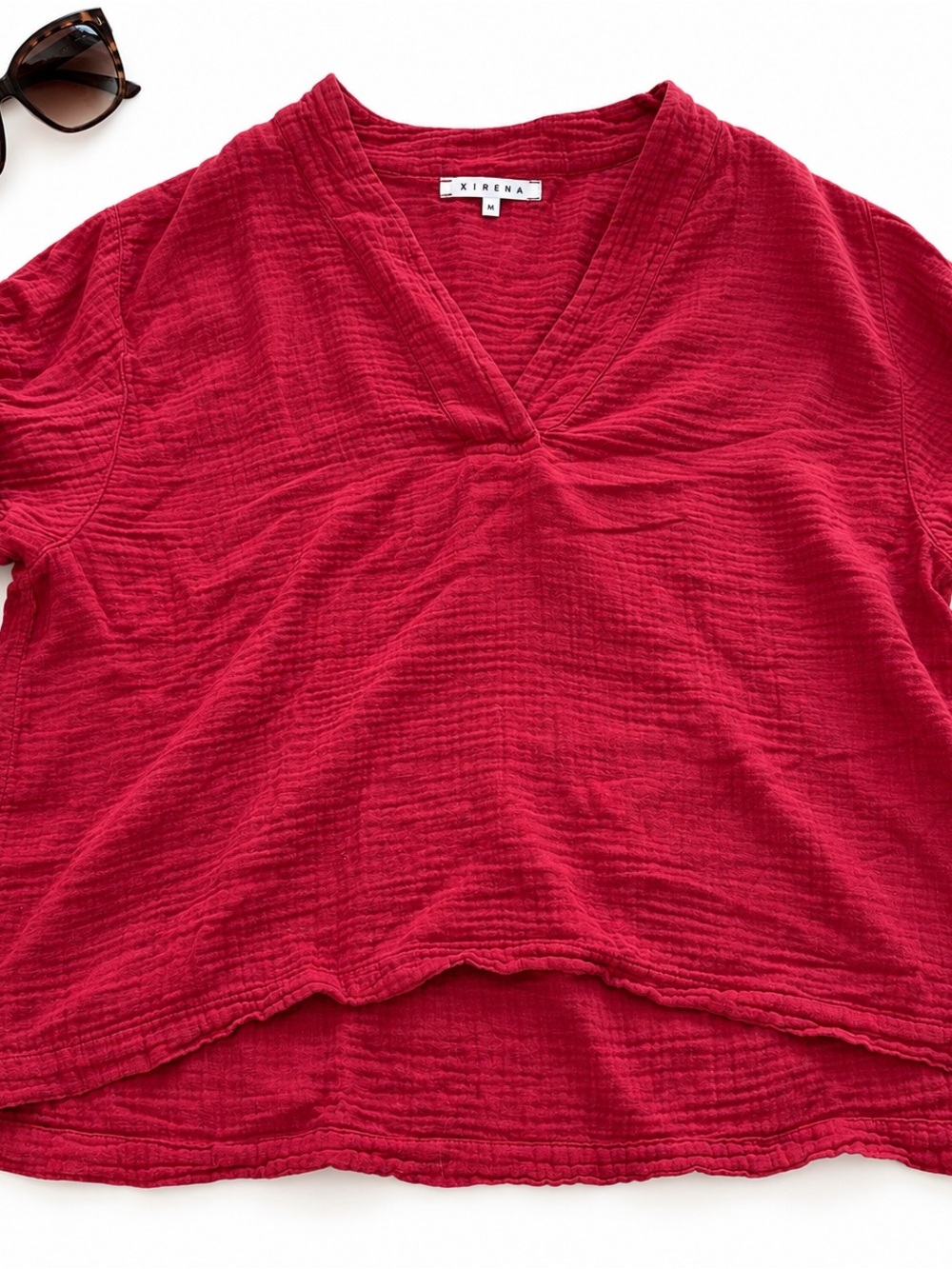 Xirena Avery Red Cotton Gauze Top Medium Ruffle Sleeve Split Neck Blouse USA GUC